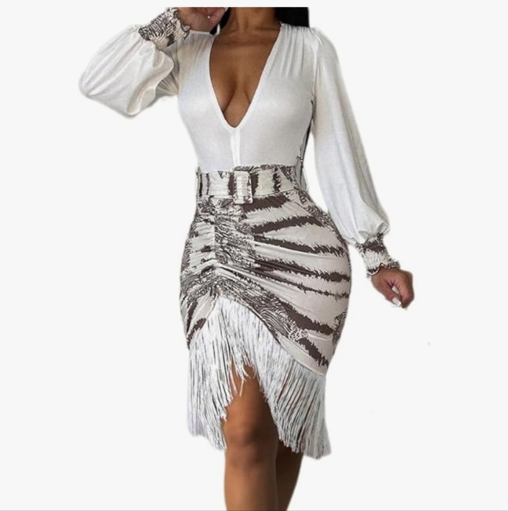 Elegant White and Dark Gray Fringe Dress